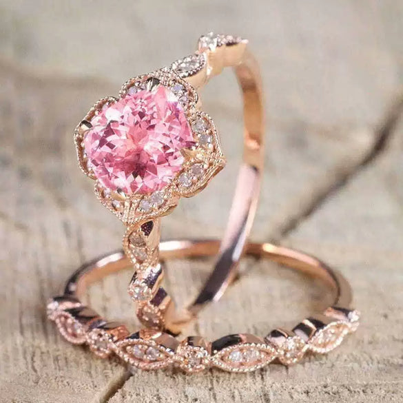 Women's Rose Gold Flower Ring Set With Micro Inlaid Zircon Electroplated Metal Hand Jewelry Elegant Fashion Style