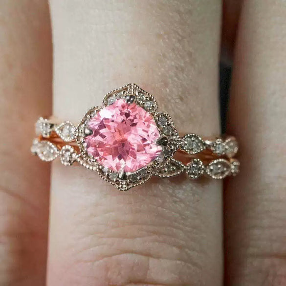Women's Rose Gold Flower Ring Set With Micro Inlaid Zircon Electroplated Metal Hand Jewelry Elegant Fashion Style