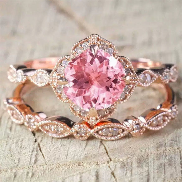 Women's Rose Gold Flower Ring Set With Micro Inlaid Zircon Electroplated Metal Hand Jewelry Elegant Fashion Style