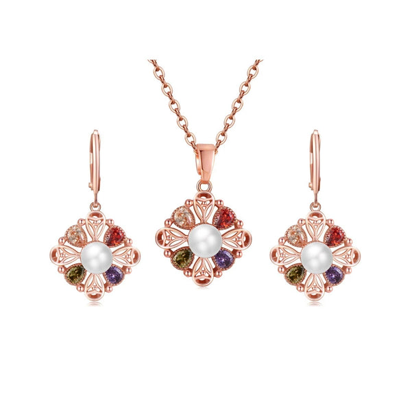 Women's Rose Gold Plated Copper Flower And Coin Pendant Necklace With Water Wave Chain And Zircon Embossed Cross Detail