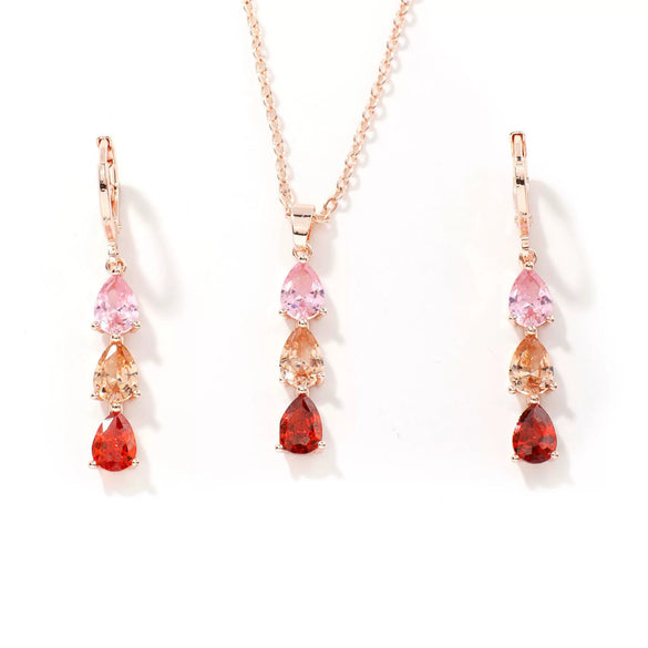 Women's Rose Gold Plated Copper Zircon Jewelry Set With Necklace And Earrings Love Water Drop Pendant Design