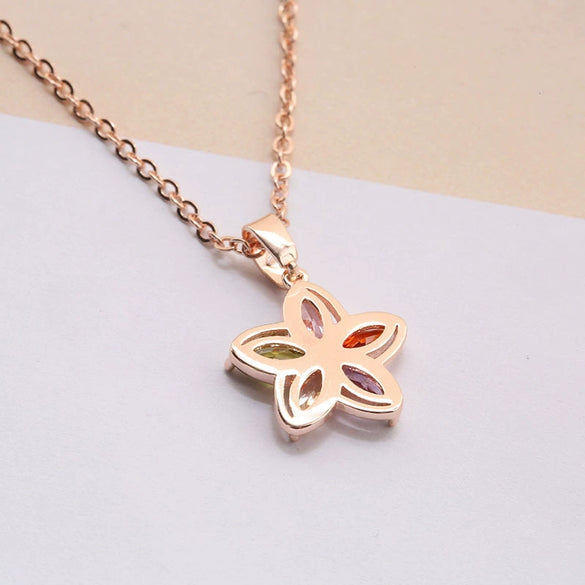 Women's Rose Gold Tone Alloy Flower Jewelry Set With Zircon Inlay Necklace And Earrings Electroplated Bridal Style