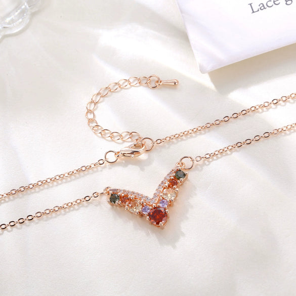 Women's Rose Gold Tone Copper Letter V Necklace With Artificial Zircon Pendant And O Chain Fashion Jewelry