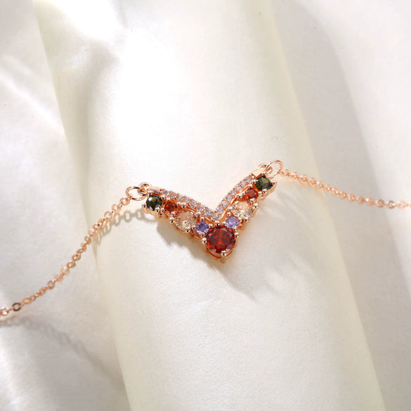 Women's Rose Gold Tone Copper Letter V Necklace With Artificial Zircon Pendant And O Chain Fashion Jewelry