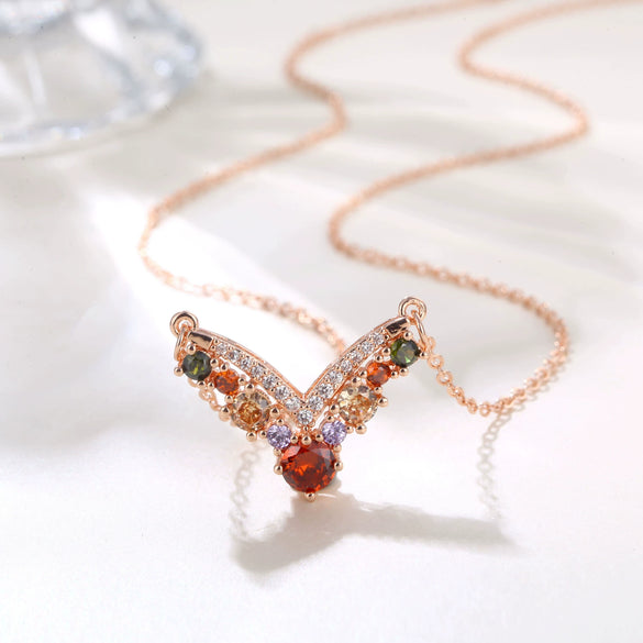 Women's Rose Gold Tone Copper Letter V Necklace With Artificial Zircon Pendant And O Chain Fashion Jewelry