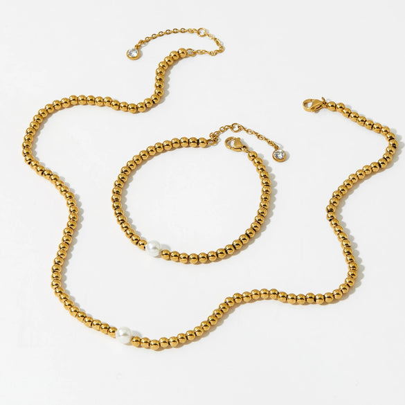 Women's Round Bead Stainless Steel Jewelry Set With Vacuum Plating And Minimalist Geometric Style Necklace And Bracelet Suit For Wholesale