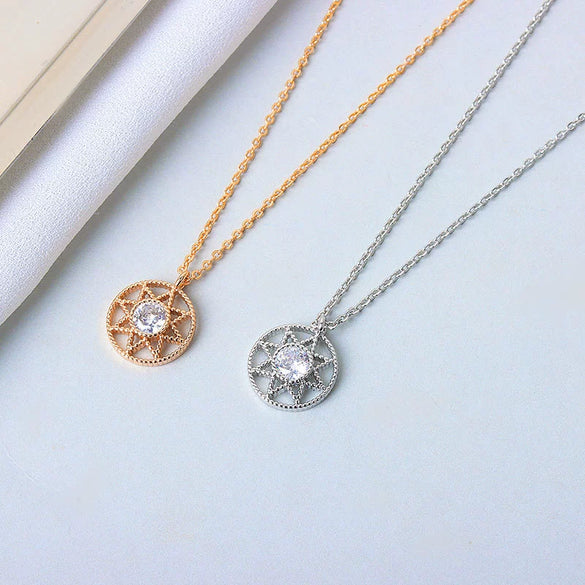 Women's Round Six Point Star Necklace In S925 Sterling Silver With Mixed Gem Pendant Electroplated Clavicle Chain Light Luxury Jewelry