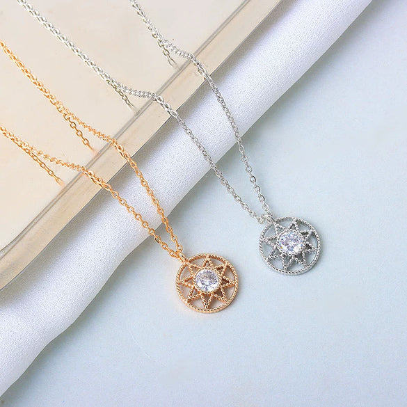 Women's Round Six Point Star Necklace In S925 Sterling Silver With Mixed Gem Pendant Electroplated Clavicle Chain Light Luxury Jewelry