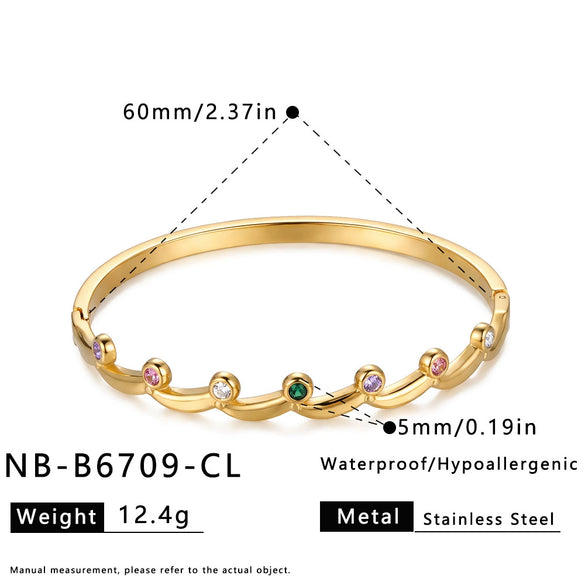 Women's Round Stainless Steel Bracelet With Zircon Inlay Simple Fashionable Design And Colorfast Gold Plated Finish