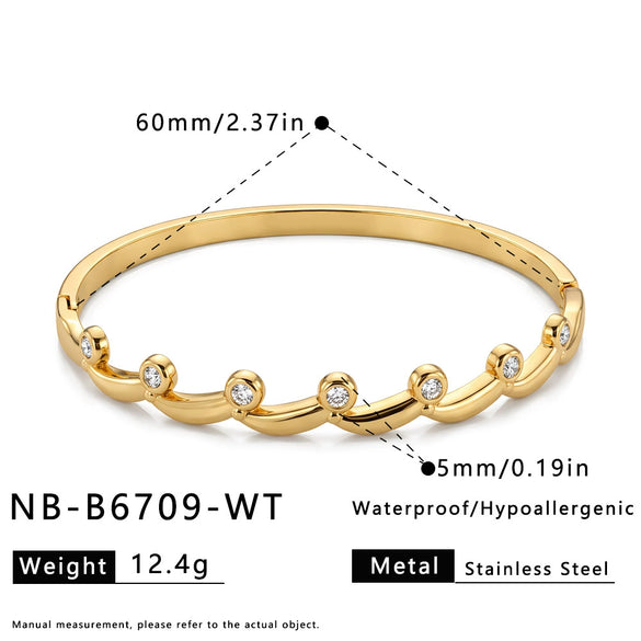 Women's Round Stainless Steel Bracelet With Zircon Inlay Simple Fashionable Design And Colorfast Gold Plated Finish