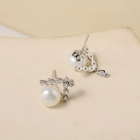 Women's S925 Freshwater Pearl Geometric Handmade Earrings Retro French Zircon Style