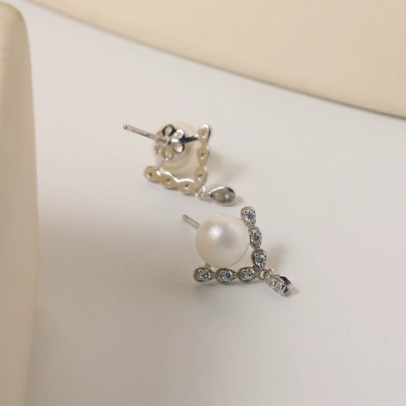Women's S925 Freshwater Pearl Geometric Handmade Earrings Retro French Zircon Style