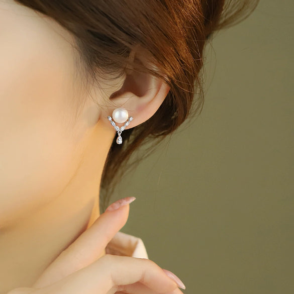 Women's S925 Freshwater Pearl Geometric Handmade Earrings Retro French Zircon Style