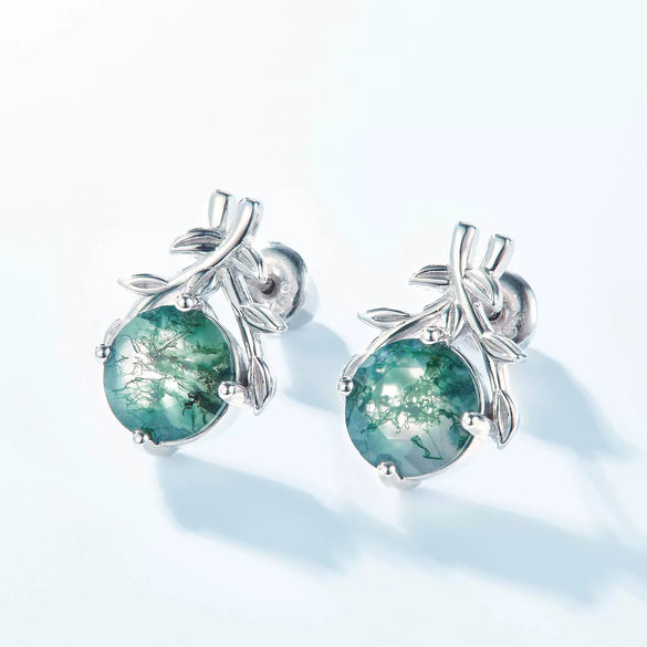 Women's S925 Silver Aquatic Agate Olive Branch Geometric Plant Flowers Earrings