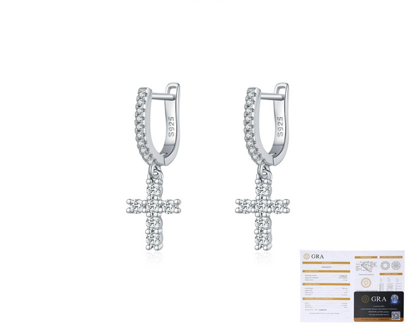 Women's S925 Silver Cross Earrings With Mosan Diamond Featuring Letters Numbers And Text Patterns