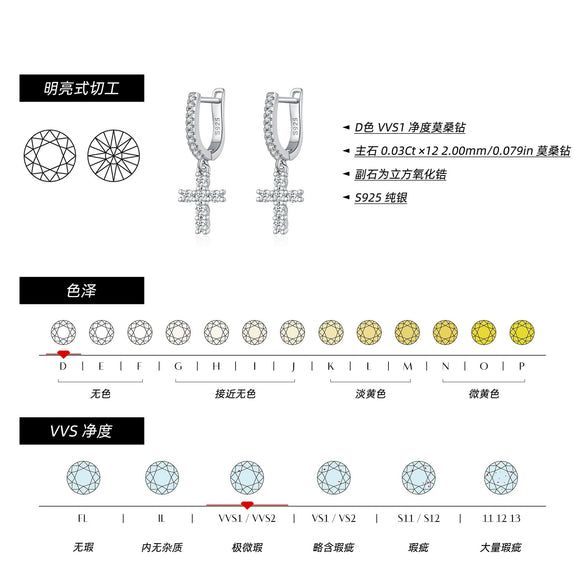 Women's S925 Silver Cross Earrings With Mosan Diamond Featuring Letters Numbers And Text Patterns