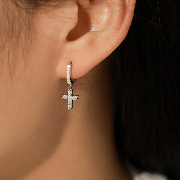 Women's S925 Silver Cross Earrings With Mosan Diamond Featuring Letters Numbers And Text Patterns