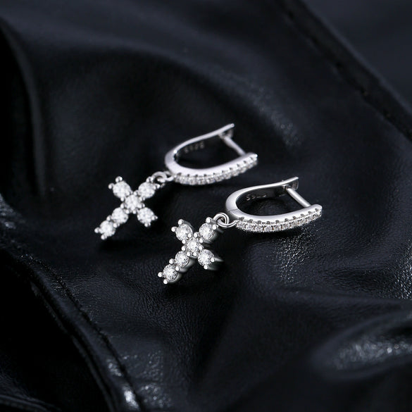 Women's S925 Silver Cross Earrings With Mosan Diamond Featuring Letters Numbers And Text Patterns