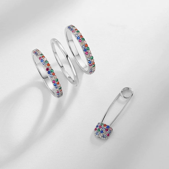 Women's S925 Silver Doublerow Colorful Zircon Stacked Ring Geometric Pattern Diamond Inlay