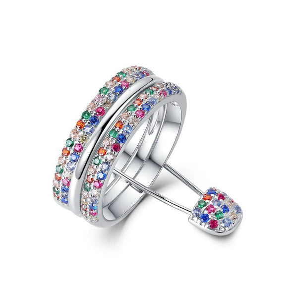Women's S925 Silver Doublerow Colorful Zircon Stacked Ring Geometric Pattern Diamond Inlay