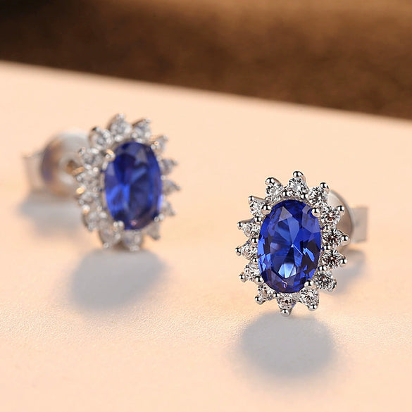 Women's S925 Silver Flower Earrings With Synthetic Sapphire Electroplated Noble Elegant Floral Design