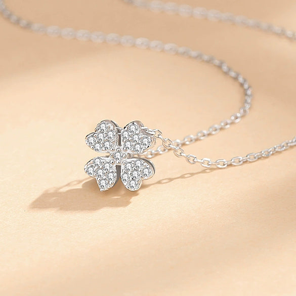 Women's S925 Silver Fourleaf Clover Diamond Microinlaid Geometry Style Pendant Necklace With Cross Chain