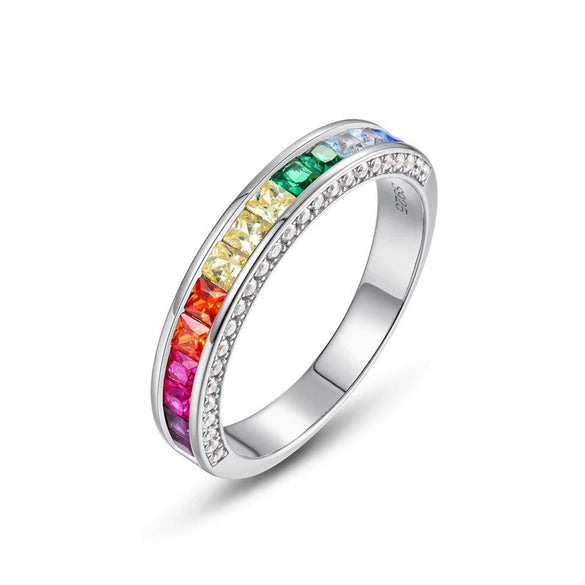 Women's S925 Silver Geometric Rainbow Zircon Ring