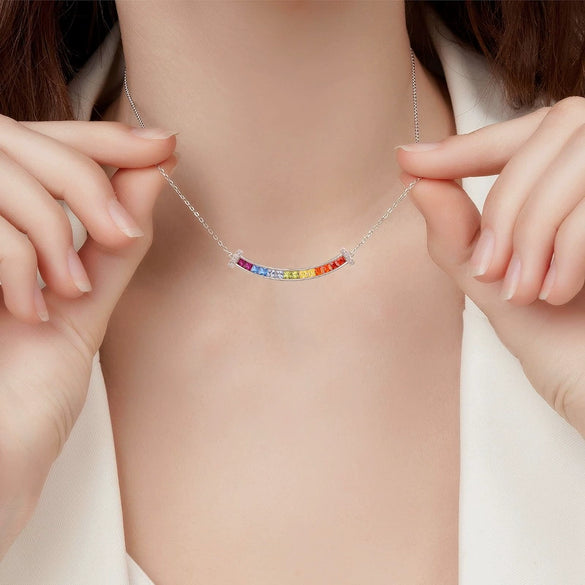 Women's S925 Silver Geometric Style Rainbow Zircon Cross Chain Necklace
