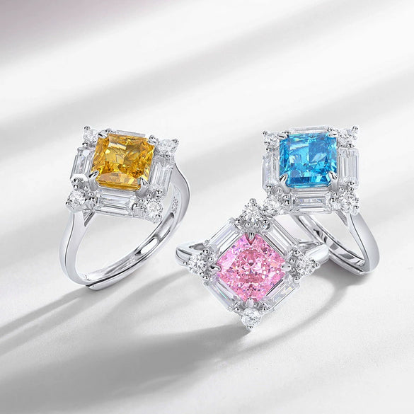 Women's S925 Silver Geometric Yellow Square Luxury Ring With High Carbon Diamond Simulation And Electroplating
