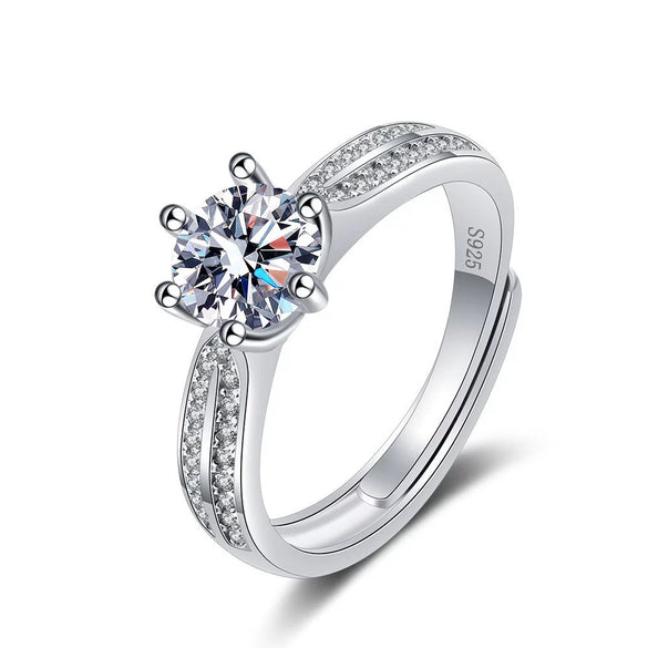 Women's S925 Silver Geometric Zircon Ring Sweet Romantic Six Claw Setting Electroplated Adjustable Open Wedding Jewelry