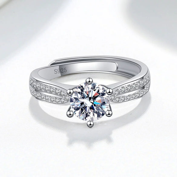 Women's S925 Silver Geometric Zircon Ring Sweet Romantic Six Claw Setting Electroplated Adjustable Open Wedding Jewelry
