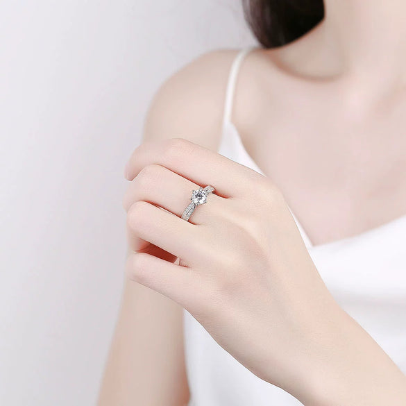 Women's S925 Silver Geometric Zircon Ring Sweet Romantic Six Claw Setting Electroplated Adjustable Open Wedding Jewelry
