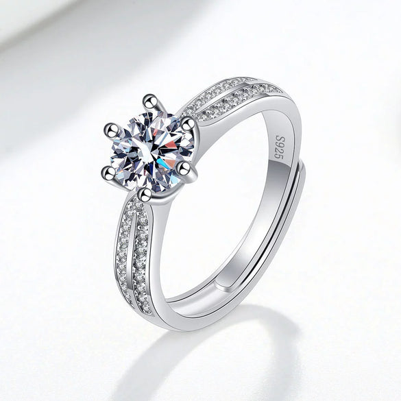 Women's S925 Silver Geometric Zircon Ring Sweet Romantic Six Claw Setting Electroplated Adjustable Open Wedding Jewelry