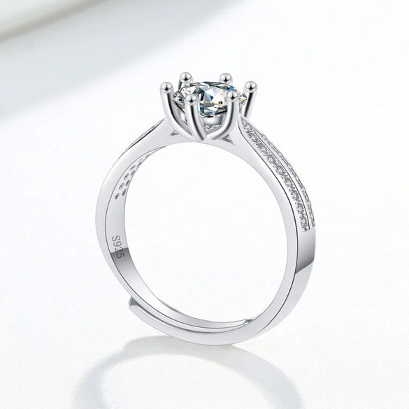 Women's S925 Silver Geometric Zircon Ring Sweet Romantic Six Claw Setting Electroplated Adjustable Open Wedding Jewelry