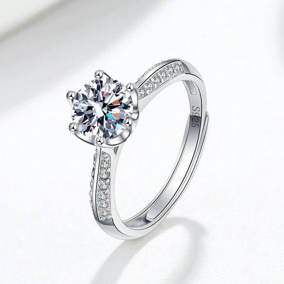 Women's S925 Silver Geometric Zircon Six Claw Wedding Ring Adjustable Electroplated Diamond Style Jewelry