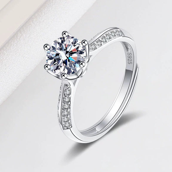 Women's S925 Silver Geometric Zircon Six Claw Wedding Ring Adjustable Electroplated Diamond Style Jewelry