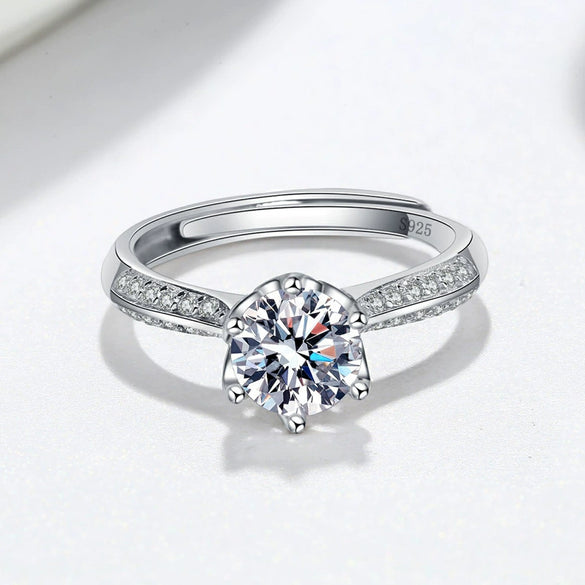 Women's S925 Silver Geometric Zircon Six Claw Wedding Ring Adjustable Electroplated Diamond Style Jewelry