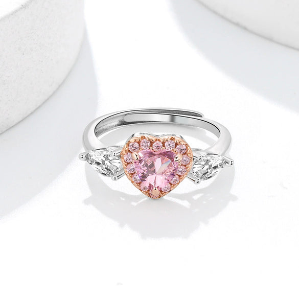 Women's S925 Silver Heart Ring With Zircon Inlay Electroplated Adjustable Open Ring