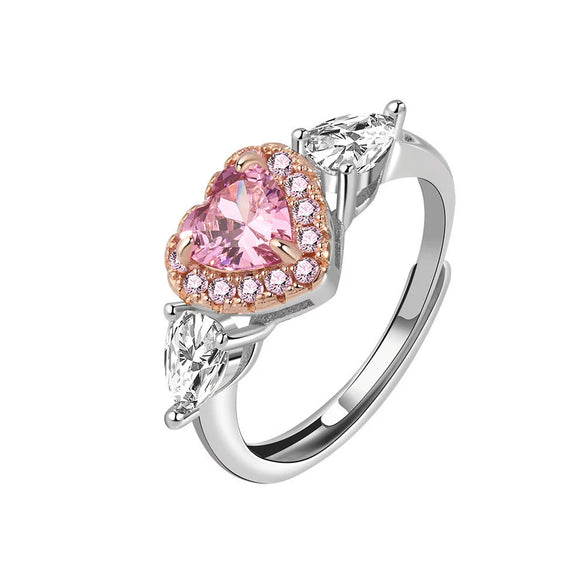 Women's S925 Silver Heart Ring With Zircon Inlay Electroplated Adjustable Open Ring