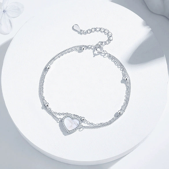 Women's S925 Silver Heartshaped Doublelayer Bracelet With Motherofpearl Electroplated Hand Jewelry