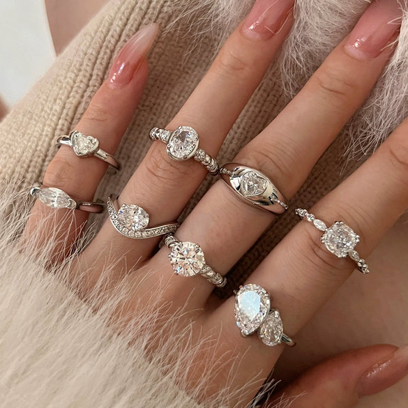 Women's S925 Silver Light Luxury Geometric Ice Flower Zircon High Carbon Ring Set