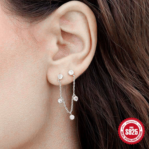 Women's S925 Silver Minimalist Circle Pendant Tassel Stacked Ear Pin Ear Studs With Geometric Design