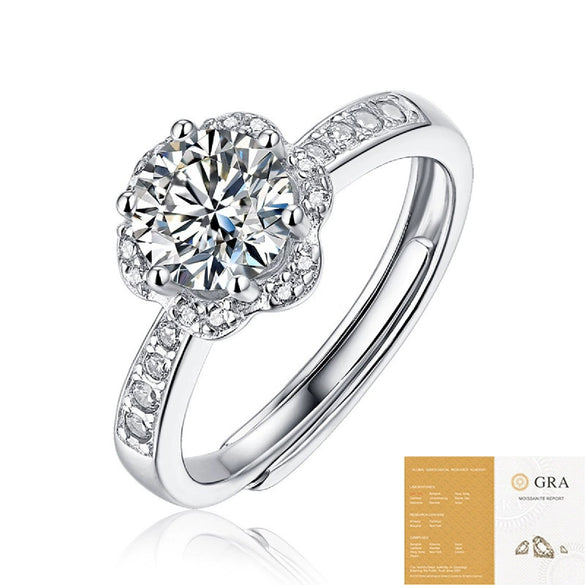 Women's S925 Silver Moissanite Heart Shaped Flower Blooming Adjustable Ring With Electroplating