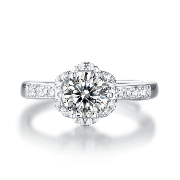 Women's S925 Silver Moissanite Heart Shaped Flower Blooming Adjustable Ring With Electroplating