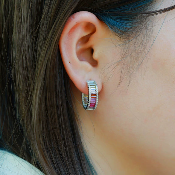 Women's S925 Silver Rainbow Circle Earrings With Mossam Drill And Geometric Design