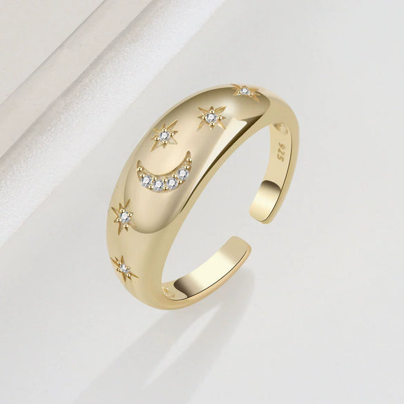 Women's S925 Silver Retro Light Luxury Geometric Star And Moon Adjustable Open Ring With Electroplated Finish