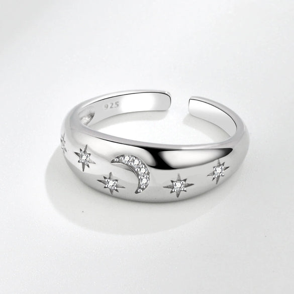 Women's S925 Silver Retro Light Luxury Geometric Star And Moon Adjustable Open Ring With Electroplated Finish