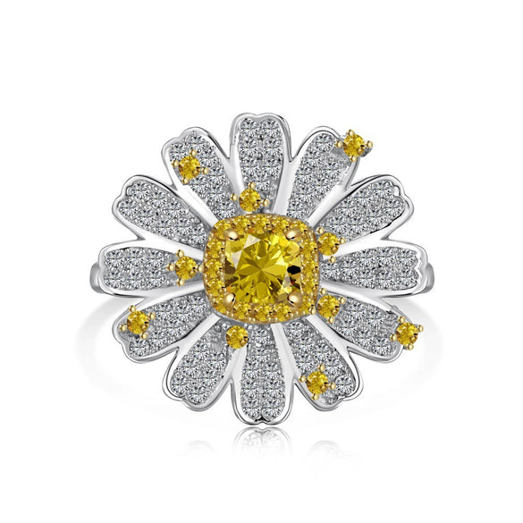 Women's S925 Silver Ring With Geometric Style And Sunflower Pattern Electroplated