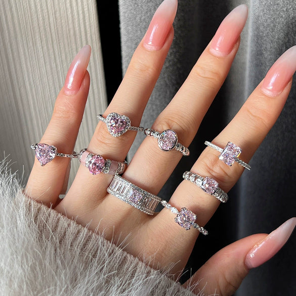 Women's S925 Silver Ring With Heart Shape And Geometric Pattern Electroplated Set With 8A Zircon And Rhinestone Elegant Style