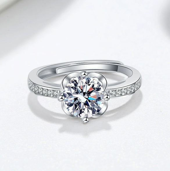 Women's S925 Silver Ring With Microinlaid Plum And Simulated Mosan Diamond Electroplated Geometric Design